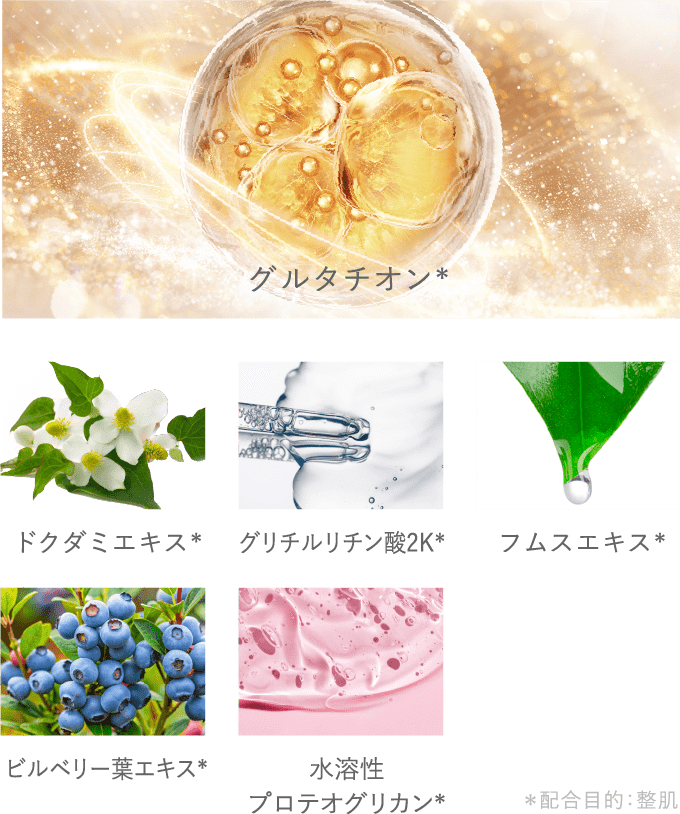 グルタチオン* *配合目的:整肌水溶性 プロテオグリカン*ビルベリー葉エキス*フムスエキス*グリチルリチン酸2K*ドクダミエキス*