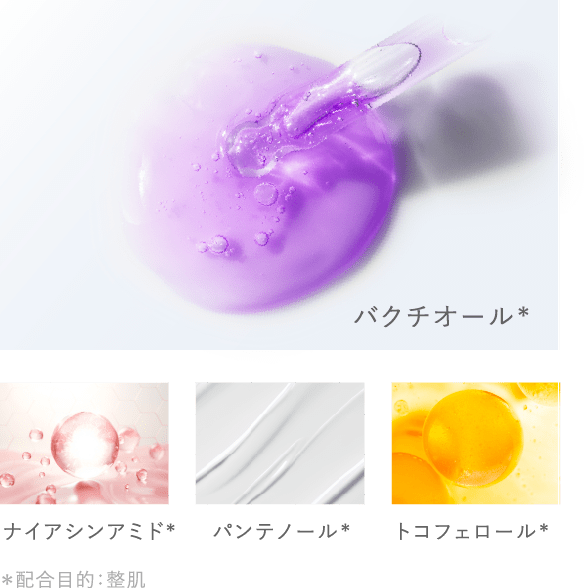 バクチオール* *配合目的:整肌トコフェロール*パンテノール*ナイアシンアミド*