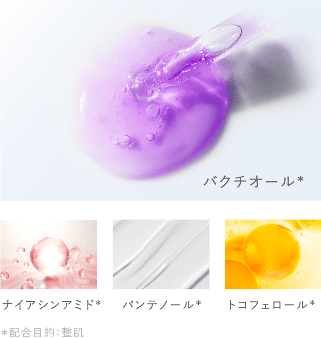 バクチオール* ナイアシンアミド* パンテノール* トコフェロール* *配合目的:整肌