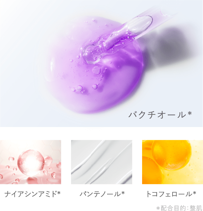 バクチオール* ナイアシンアミド* パンテノール* トコフェロール* *配合目的:整肌